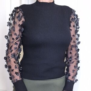 Almost Famous, Ribbed, Mock Sweater, with 3D Floral Mesh Sleeves